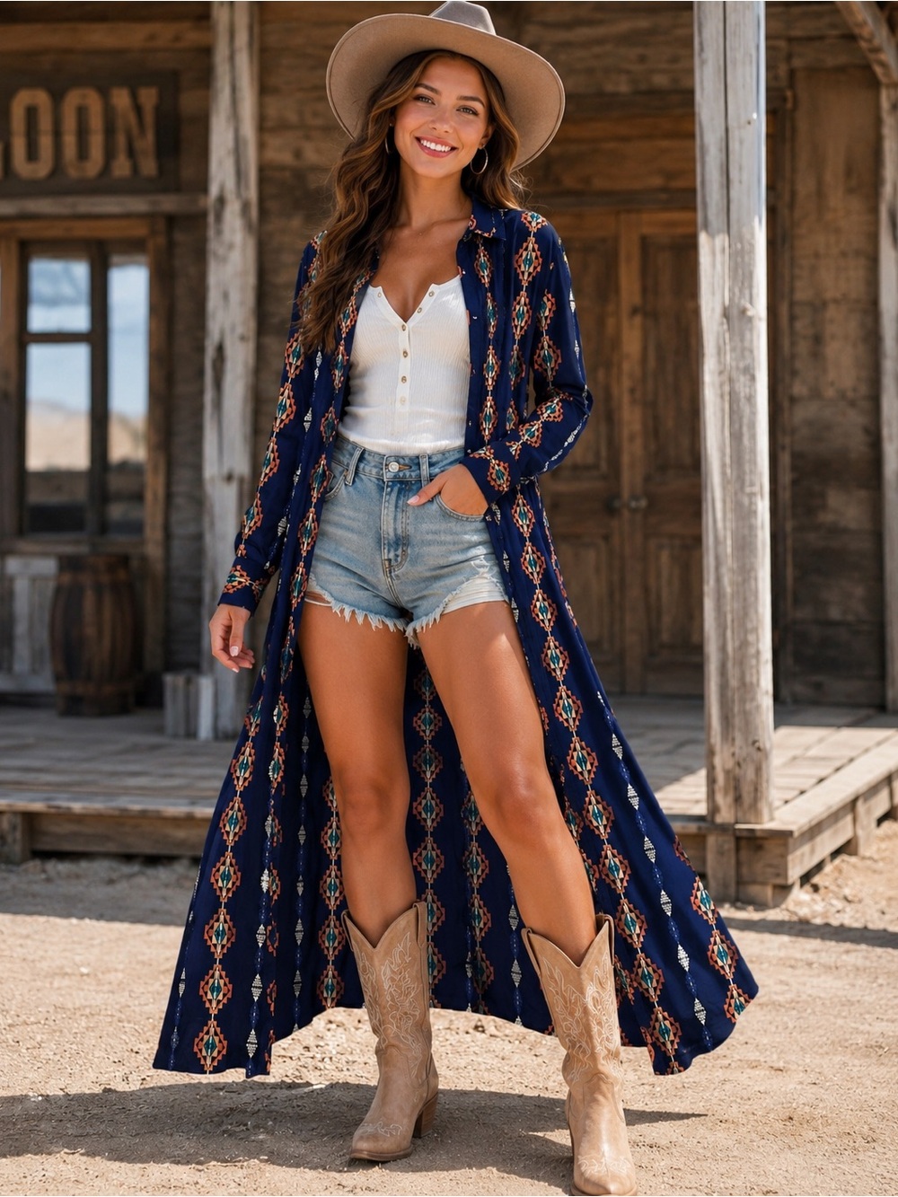 ROCK & ROLL COWGIRL Aztec Print Long Sleeve Duster Size Medium